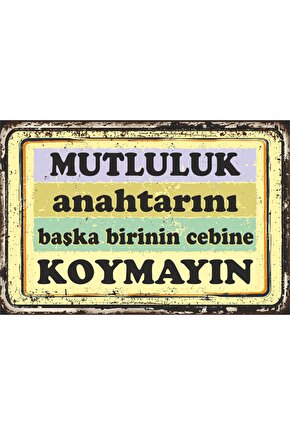 Mutluluk Anahtarı Renkli Motivasyon Duvar Yazıları Retro Ahşap Poster