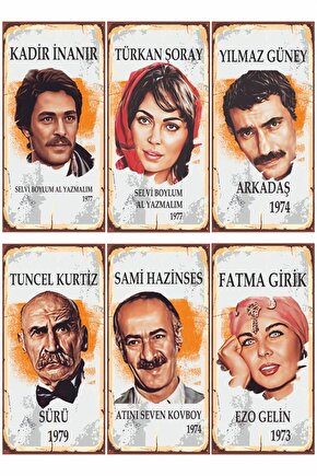 Yeşilçam Kadir Inanır Türkan Şoray Yılmaz Güney Tuncel Kurtiz 6lı Mini Retro Ahşap Poster