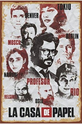 La Casa De Papel Tüm Kadro Retro Ahşap Poster