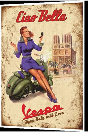 Ciao Bella Vespa Motor Retro Ahşap Poster