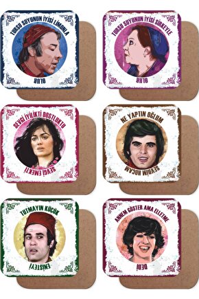 Yeşilçam Türk Sineması Replikleri -2- Set 6lı Retro Ahşap Bardak Altlığı Seti