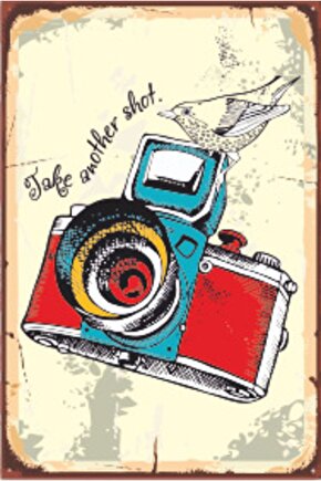 Kuşlu Fotoğraf Makinesi Retro Ahşap Poster 20x30 Cm