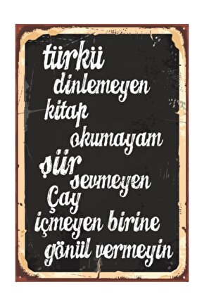 Türkü Kitap Şiir Çay (10 Cm X 20 Cm) Mini Retro Ahşap Poster