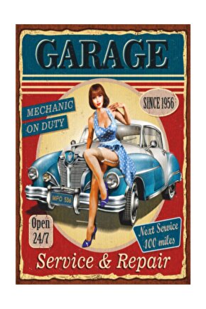 Pin Up Kızı Otomobil Garajı Retro Vintage Ahşap Poster