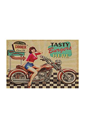 Pin Up Kızı Klasik Motor Retro Vintage Ahşap Poster