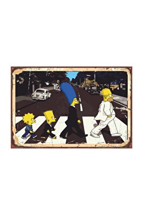 Beatles Yürüyüşü Yapam Simpsonlar Retro Vintage Ahşap Poster