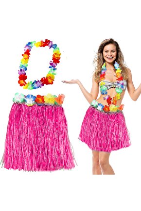 Parti Aksesuar Hawaii Luau Aloha Pembe Püsküllü 40 cm Etek ve Hawaii Kolye Seti