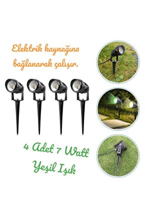 4 Adet Elektrikle Çalışır, 7 Watt YEŞİL IŞIK Kazıklı Bahçe Armatürü, Çim, Çiçek, Ağaç Aydınlatması