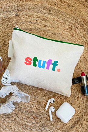 Stuff. Clutch Kanvas Organizer  Makyaj Çantası Yeşil fermuar