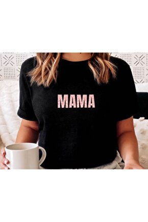 MAMA Baskılı Oversize Siyah T-shirt -   Pembe Mama