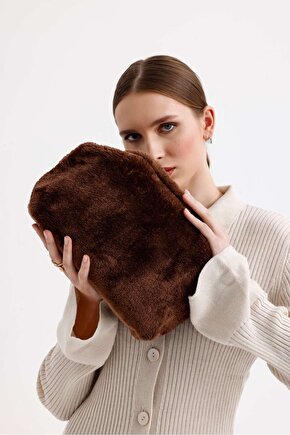 Kadın Koyu Kahverengi Peluş Teddy Clutch Çanta