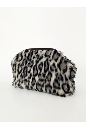 Kadın Siyah Leopar Desenli Peluş Clutch El Çantası