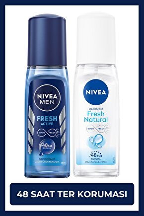 MEN Erkek Pump Deodorant Fresh Active 75ml ve Kadın Deodorant Fresh Natural 75ml, 48 Saat Ter Koruma