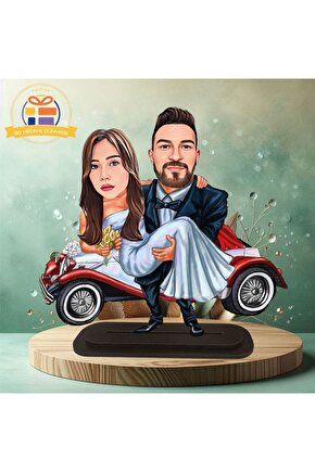 Nostalji arabalı gelin damat  karikatürlü biblo hediye  3d masa üstü biblo hediyesi