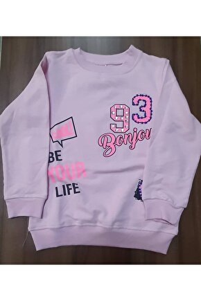 Açık Pembe Baskılı Bilekleri Ve Boyun Kısmı Lastikli Sweat