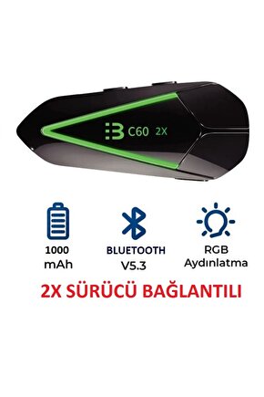 MOTORSİKLET BLUETOOTH 5.3 KULAKLIK RGB LED IŞIKLI 2X İNTERCOM ÇİFT TELEFONA BAĞLANABİLEN İNTERKOM