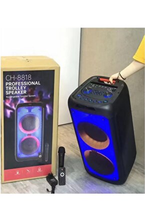 Büyük Boy Kablosuz Mikrofonlu Bluetooth Hoparlör Taşınabilir Şarjlı Led Işıklı Speaker Party Box