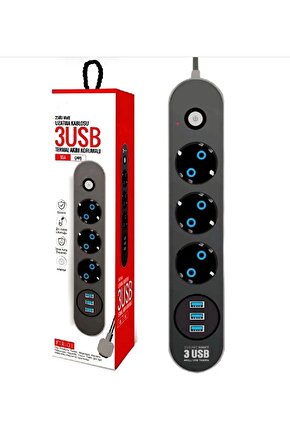 3 Soket 3 Usb Şarj Termal Akım Korumalı Priz 2 Metre Kablo Çoklu Priz 3 lü Priz