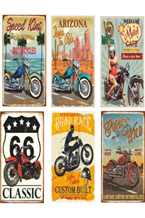 Motor Temalı 6 Mini Retro Ahşap Poster Seti