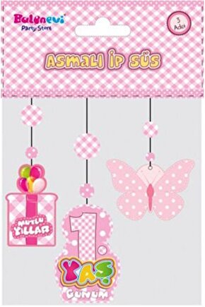 Parti 1 Yaş Temalı Asmalı Ip Süs Pembe Renk 3 Lü Set 12x45 Cm