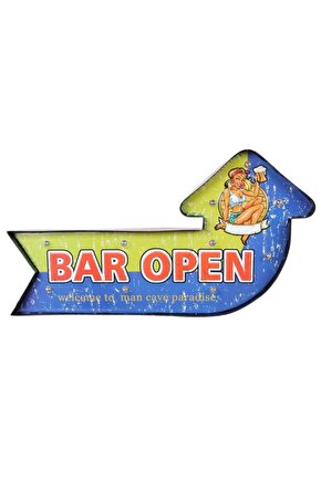 Bar Open Temalı Ledli Bar Tabelası Pano Vintage Led Ampülü