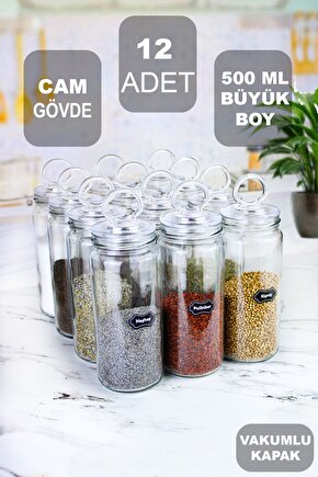 12 Adet Vakum Halka Kapaklı Büyük Boy Cam Baharatlık Seti 500 ML