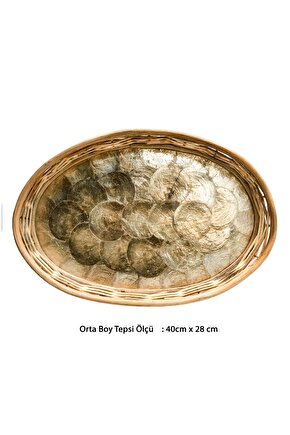 Rattan Dekoratif Oval Hasır El Yapımı Sedef Tepsi Orta Boy 1 Adet