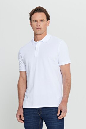 Erkek Beyaz %100 Pamuk Kıvrılmaz Pike Polo Yaka Slim Fit Dar Kesim Tişört