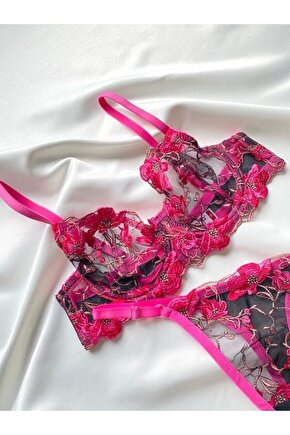 Sirius Lingerie Arona Fuşya Siyah Çiçek Nakış Işlemeli Dantelli Balenli Tanga Bralet Takım