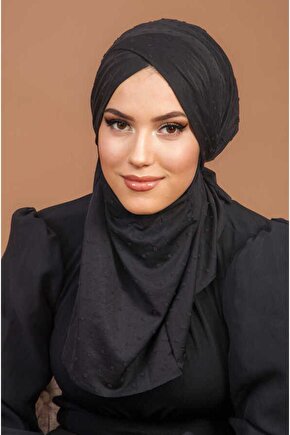 Siyah Ponpon Çapraz Bantlı Medium Size Hijab - Hazır Şal