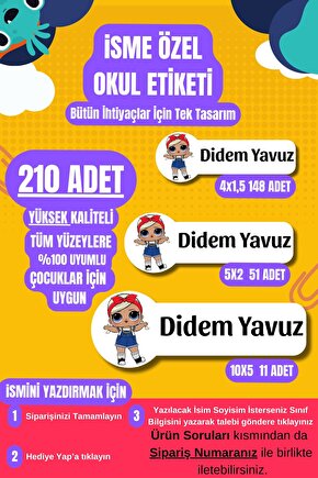 Okul Etiketi Özel İsimli LOL Bebek Karekterli Defter Çanta Matara Kalem Kişiye Özel İsimli Yazılı