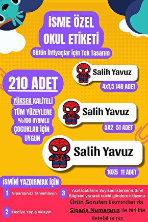 Okul Etiketi Özel İsimli Spider Man Karekterli Defter Çanta Matara Kalem Kişiye Özel İsimli Yazılı