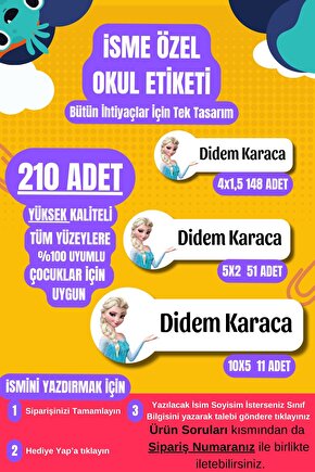 Okul Etiketi Özel İsimli Elsa Karekterli Defter Çanta Matara Kalem Kişiye Özel İsimli Yazılı