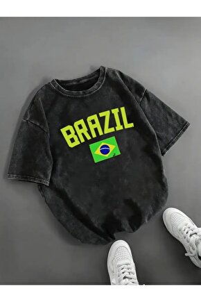 Unisex Brazil Yıkamalı Oversize Vintage Tshirt