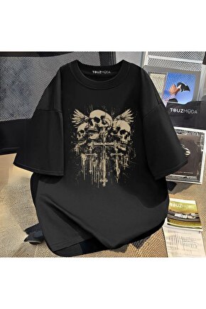 Gothic Skull Cross Baskılı Unisex Oversize  T-Shirt