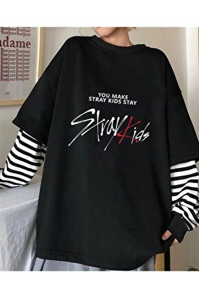 Stray Kids Baskılı Fake Sleeves Unisex Siyah T-shirt