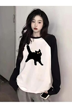 Black Cat Reglan Uzun Kollu Baskılı Beyaz T-Shirt