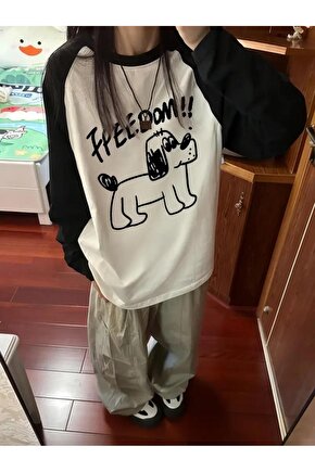 Freedom Dog Reglan Uzun Kollu Baskılı Beyaz T-Shirt