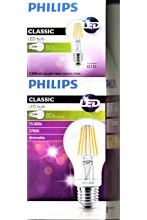 Phılıps Classıc Led7,5w=60w806 Lumendim Edilebilirrustiksarı Işıke27 Duylu