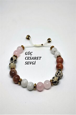 Sertifikalı Güç,cesaret,sevgi (ay Taşı,pembe Kuvars,güneş Taşı,benekli Jasper,) Doğaltaş Bileklik