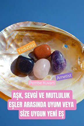 Aşk Sevgi Mutluluk Eşler Arası Uyum Doğal Taş Tumble Seti (ametist, Pembe Kuvars, Yıldıztaşı)