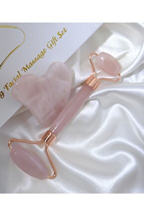 Pembe Kuvars Gua Sha Ve Face Roller Set