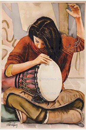 darbuka vurmalı müzik çalan kadın retro ahşap poster