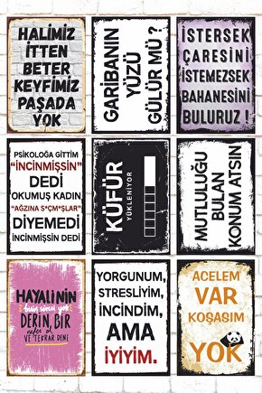 9 Parça Karışık Yazılı Ahşap Tablo Seti garibanın yüzü gülür mü