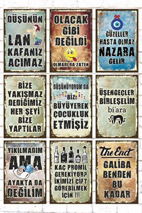 9 Parça Karışık Yazılı Ahşap Tablo Seti komik sözler duvar yazıları