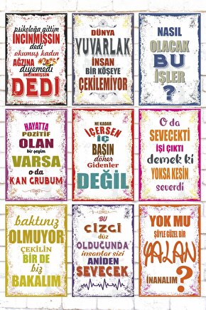 9 Parça Karışık Yazılı Ahşap Tablo Seti renkli eğlenceli sözler duvar yazıları motivasyon sözleri