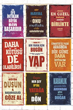 9 Parça Karışık Yazılı Ahşap Tablo Seti komik sözler motivasyon duvar yazıları