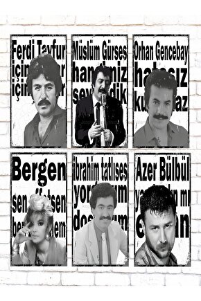 arabesk müzik sanatçıları ferdi tayfur orhan gencebay müslüm 6lı mini retro ahşap tablo poster seti