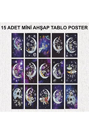 uzay ve astronot eğlenceli bilim mdf ahşap poster tablo seti 15 adet