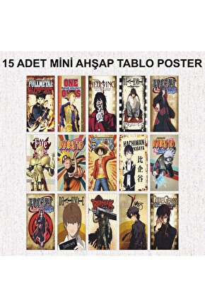 anime manga çizgi roman karakterleri ev genç odası dekorasyon 15 adet mini ahşap tablo poster seti